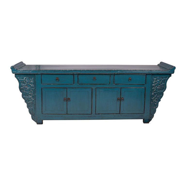 Distressed Sideboard - 4 Door 3 Drawer - 210cm - Extra Large - Blue - Lacquered Pine Wood