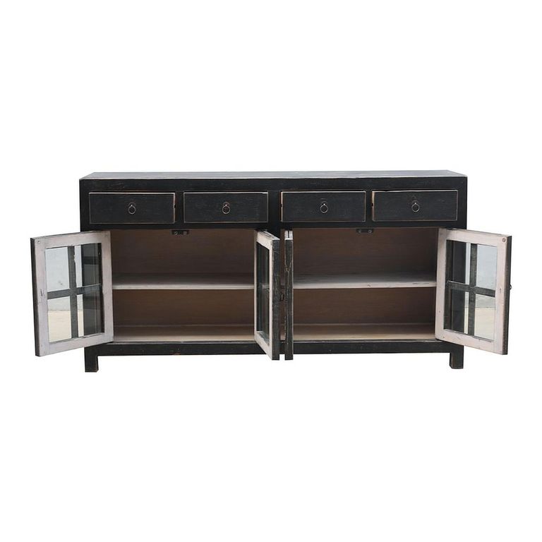 Distressed Sideboard - 4 Door 4 Drawer - 180cm - Large - Black - Glass and Wooden