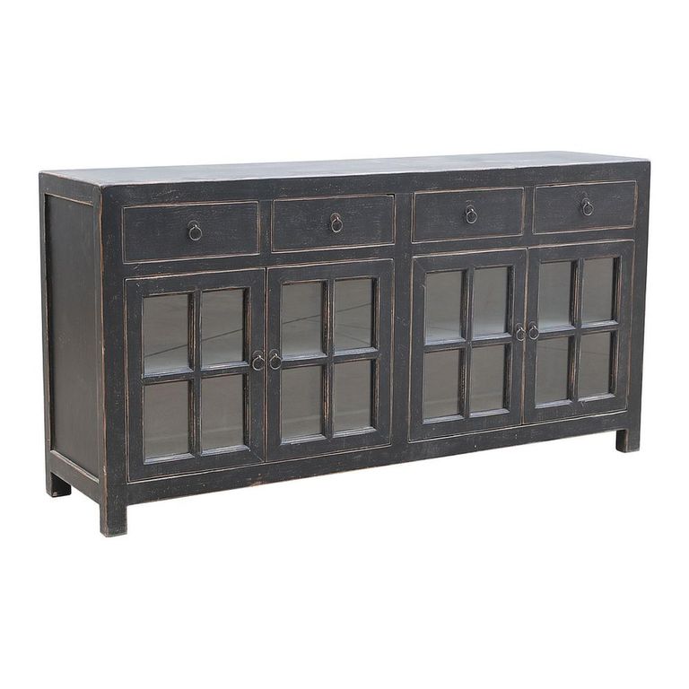 Distressed Sideboard - 4 Door 4 Drawer - 180cm - Large - Black - Glass and Wooden
