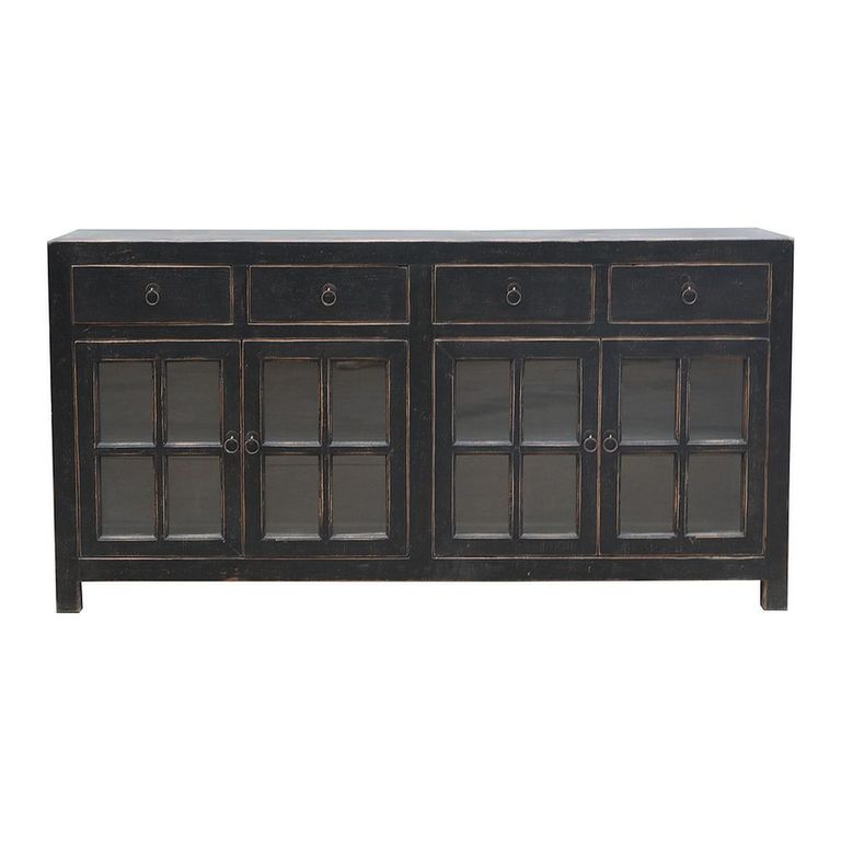 Distressed Sideboard - 4 Door 4 Drawer - 180cm - Large - Black - Glass and Wooden