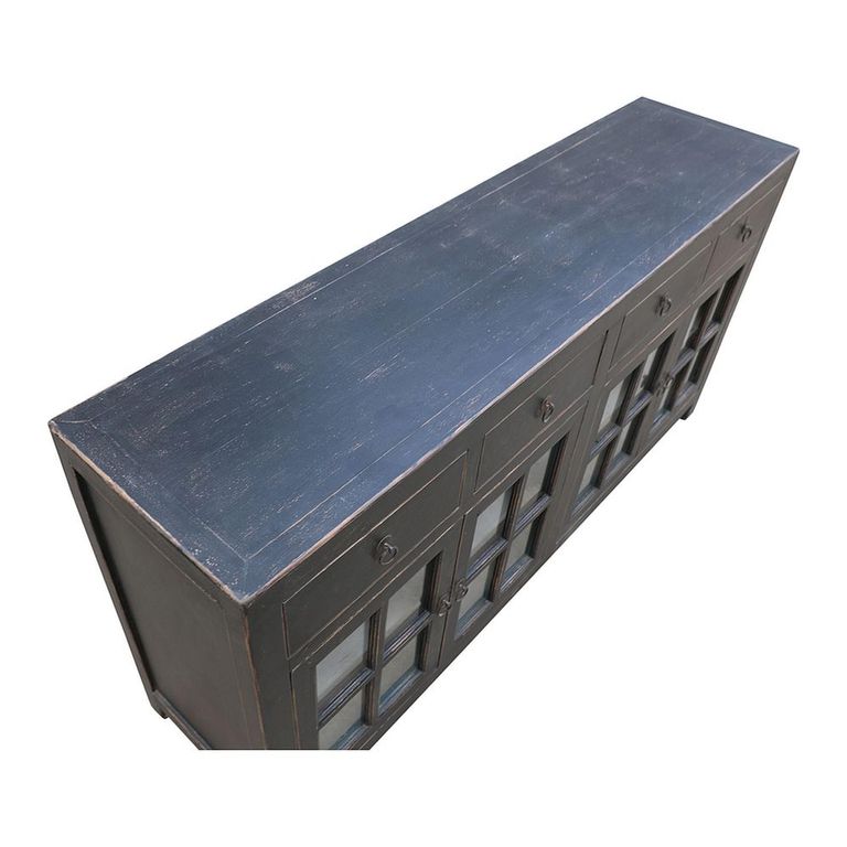 Distressed Sideboard - 4 Door 4 Drawer - 180cm - Large - Black - Glass and Wooden