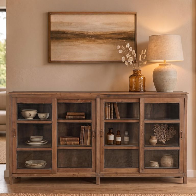 Sideboard - 4 Sliding Door - 184cm - Extra Large - Rustic Brown - Glass and Wood