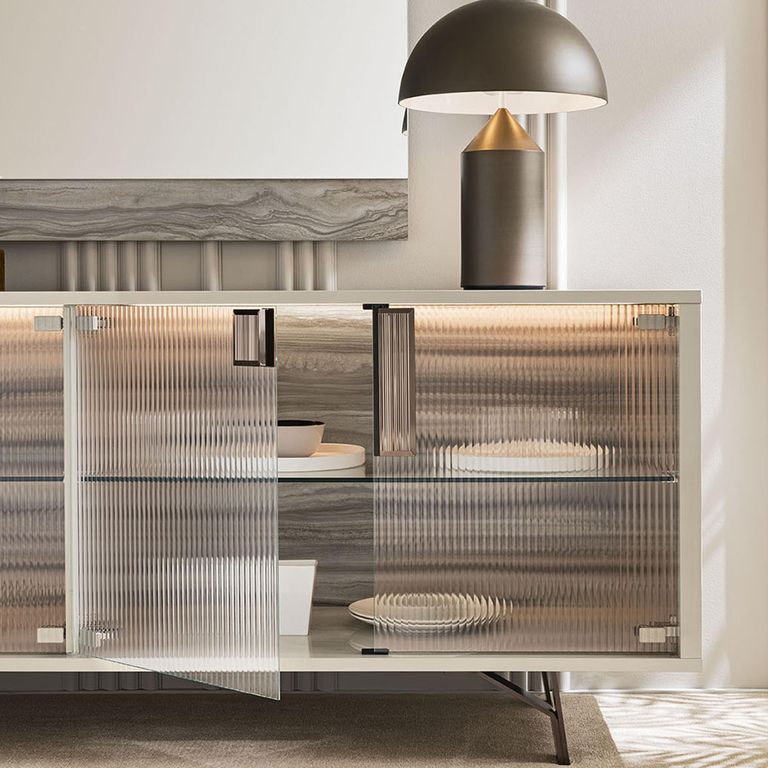 Jupiter Sideboard - with Light - 4 Fluted Glass Door - Extra Large - High Gloss Pearl Line