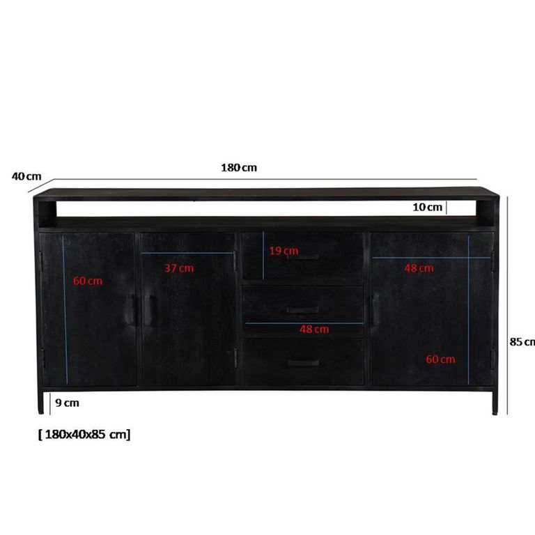 Kala Sideboard - 3 Door - 3 Drawer - 180cm - Large - Black - Mango Wood