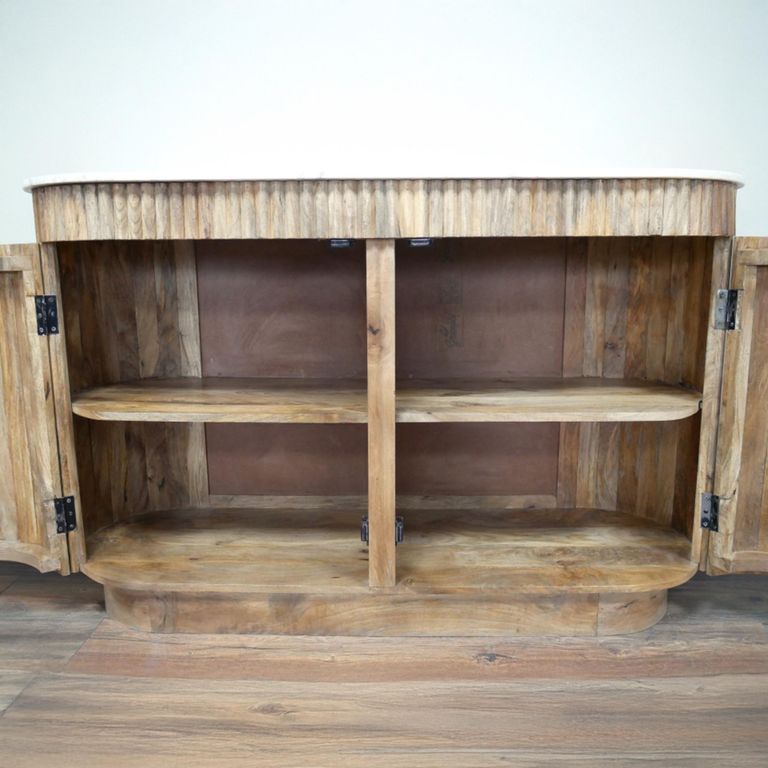 Curved Sideboard - Fluted - 2 Door - 143cm - Medium - Marble Top and Mango Wood