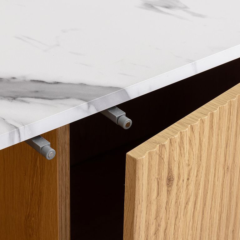 Russo Curved Sideboard - Fluted Base - 2 Door - 120cm - Small - White and Natural - Marble Top and Wooden