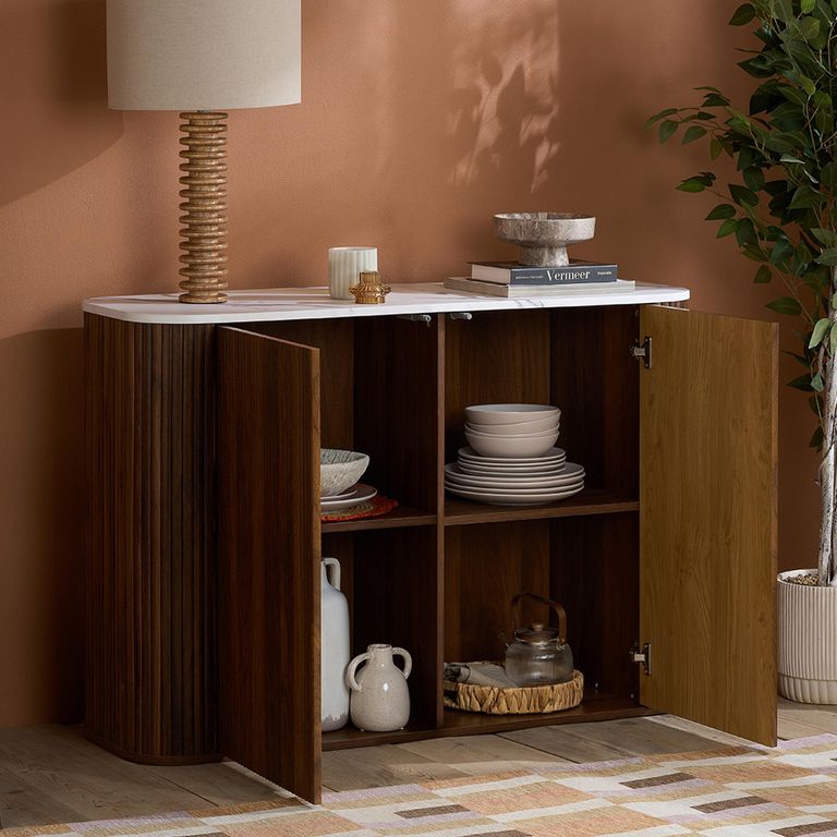 Russo Curved Sideboard - Fluted Base - 2 Door - 120cm - Small - Marble Top and Walnut