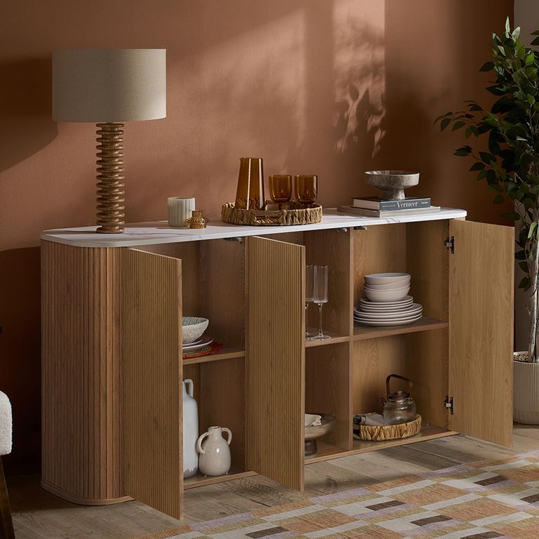 Russo Curved Sideboard - Fluted Base - 3 Door - 160cm - Medium - White and Natural - Marble Top and Wooden