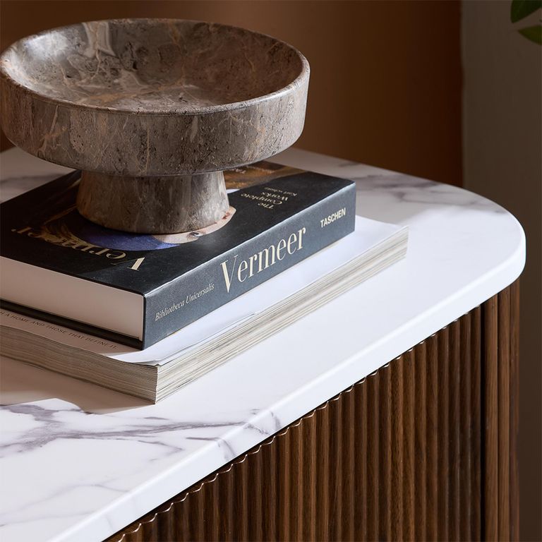 Russo Curved Sideboard - Fluted Base - 3 Door - 160cm - Medium - White and Walnut - Marble Top and Wooden