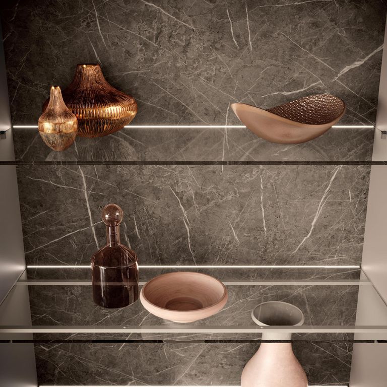 Fidia Italian Fluted Sideboard - 2 Door - Small - Emperador Taupe - Glass and Marquinia Marble Effect