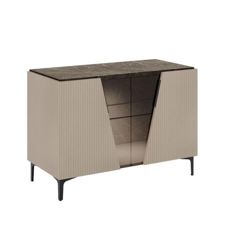 Fidia Italian Fluted Sideboard - 2 Door - Small - Emperador Taupe - Glass and Marquinia Marble Effect