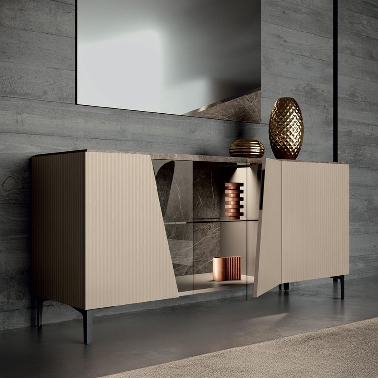 Fidia Italian Fluted Sideboard - 3 Door - Large - Emperador Taupe - Glass and Marquinia Marble Effect