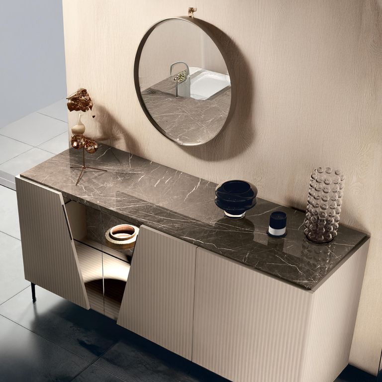 Fidia Italian Fluted Sideboard - 3 Door - Large - Emperador Taupe - Glass and Marquinia Marble Effect