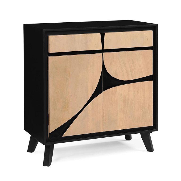 Boho Sideboard - 2 Door - 2 Drawer - 85cm - Compact - Geometric Design - Natural and Black - Mango Wood