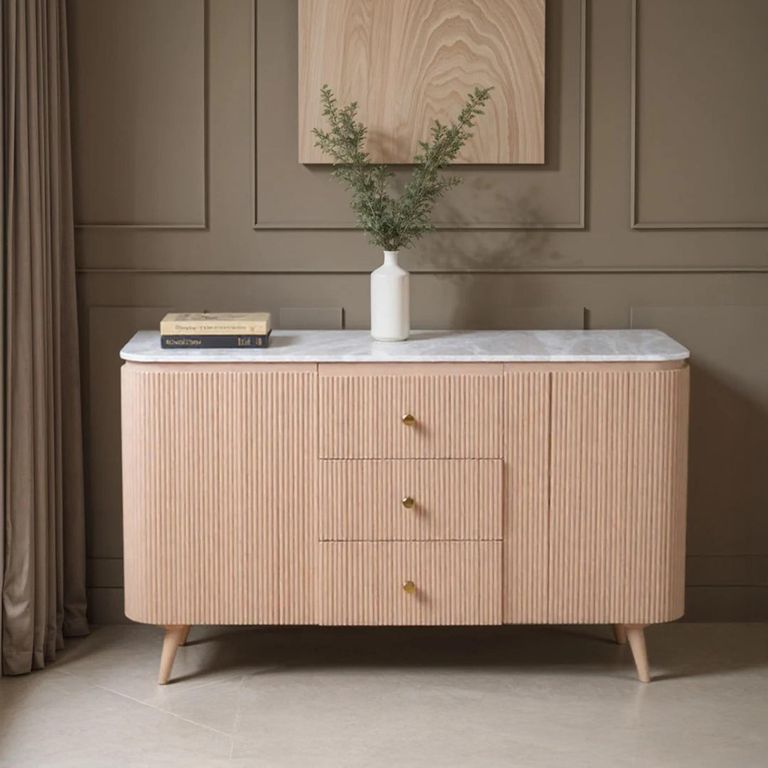 Ashford Curved Sideboard - 2 Door - 3 Drawer - 140cm - Medium - Fluted - Pale Taupe - Marble Top and Mango Wood