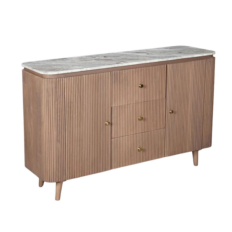 Ashford Curved Sideboard - 2 Door - 3 Drawer - 140cm - Medium - Fluted - Pale Taupe - Marble Top and Mango Wood