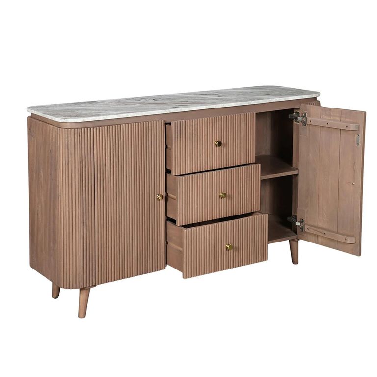 Ashford Curved Sideboard - 2 Door - 3 Drawer - 140cm - Medium - Fluted - Pale Taupe - Marble Top and Mango Wood