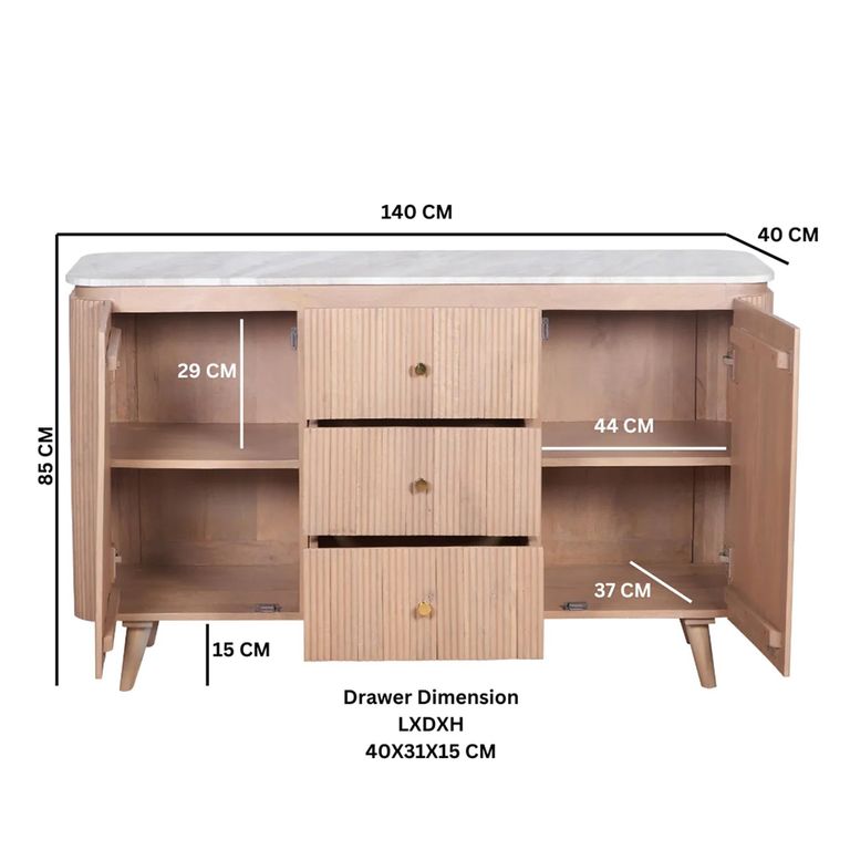 Ashford Curved Sideboard - 2 Door - 3 Drawer - 140cm - Medium - Fluted - Pale Taupe - Marble Top and Mango Wood