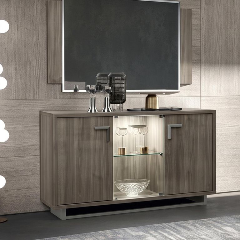 Volare Italian Sideboard - 3 Door 1 Glass Door - 142cm - Medium - with LED Light - Venetian Grey