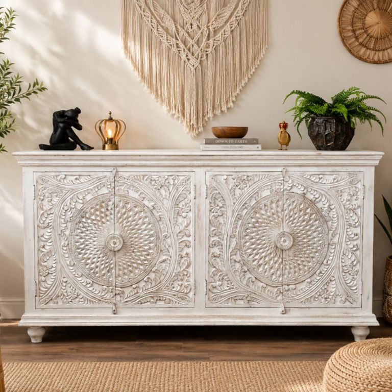 White Washed Carved Mango Wood 180cm 4 Door Large Sideboard