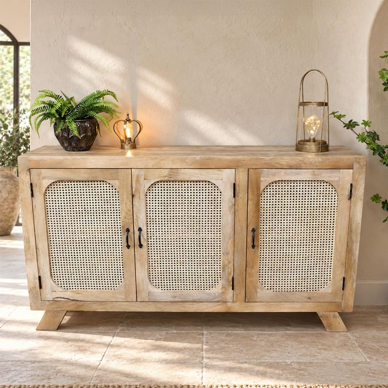 Mango Wood and Rattan 150cm 3 Door Medium Sideboard