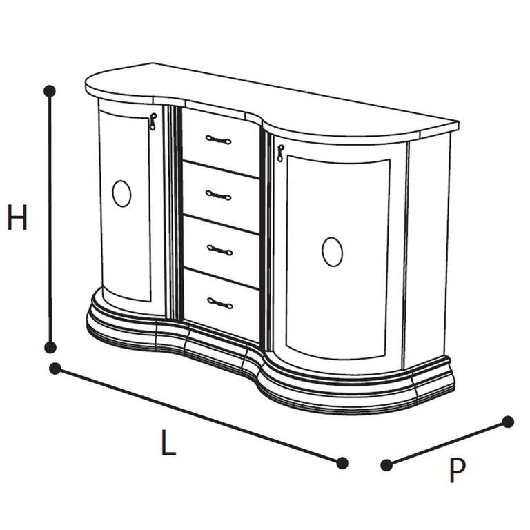 Leonardo Italian Buffet Sideboard - 2 Door 4 Drawer - 138cm - Medium - Ivory Gloss and Gold