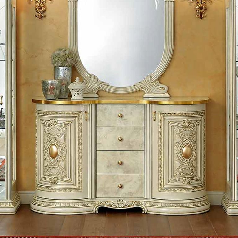 Leonardo Italian Buffet Sideboard - 2 Door 4 Drawer - 138cm - Medium - Ivory Gloss and Gold