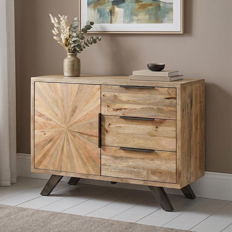 Kodi Natural Mango Wood 1 Door 3 Drawer 95cm Compact Sunburst Sideboard