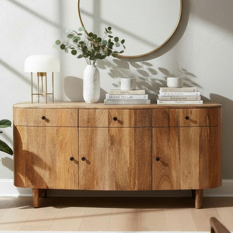 Sindhu Natural Mango Wood 3 Door 3 Drawer 150cm Medium Curved Sideboard