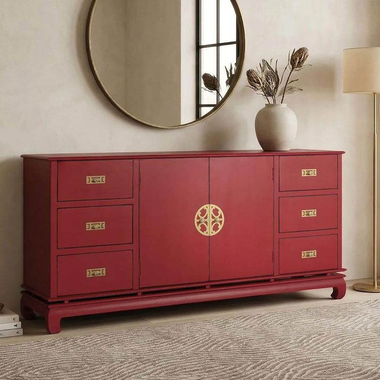Basalt Red Mango Wood 180cm 2 Door 6 Drawer Large Oriental Style Sideboard