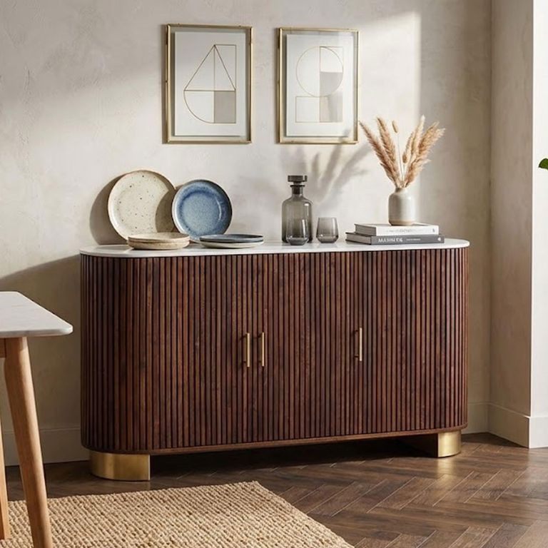 Vardia White Marble Top and Fluted Walnut Mango Wood 150cm 3 Door Medium Curved Sideboard