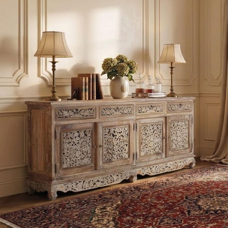 Aura Distressed White Washed Hand Carved Floral 180cm Storage Large Sideboard 