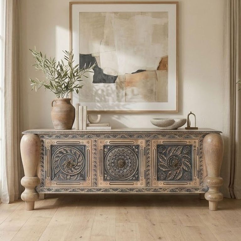 Milos Natural and Blue Teak Wood 198cm 3 Door Hand Carved Extra Large Sideboard