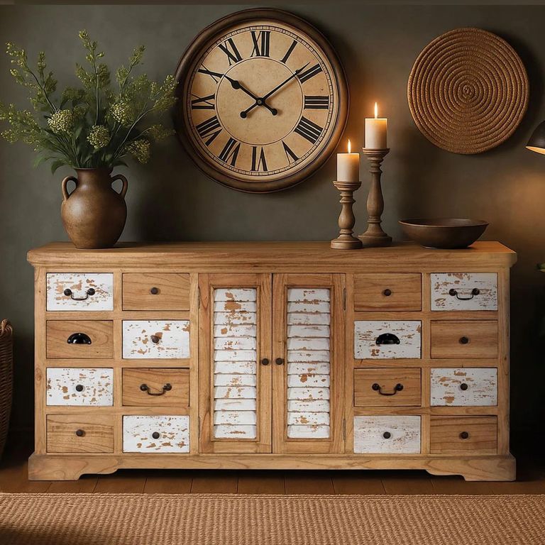 Zunai Natural Wood and Distressed White 160cm 2 Door Multi Drawer Medium Sideboard