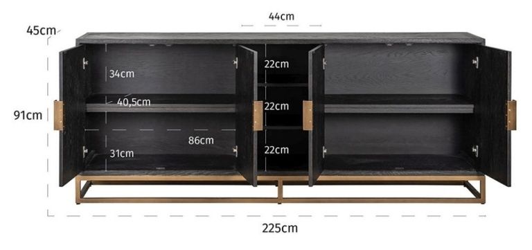 Blackbone Black and Brass 4 Door Extra Large Sideboard - 225cm