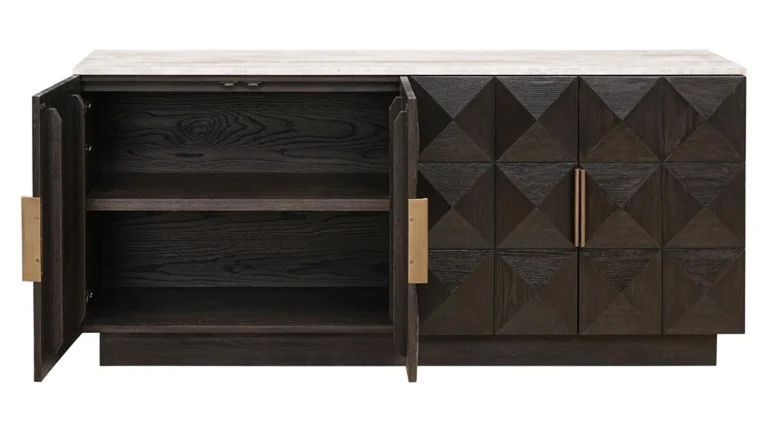 Claremont Dark Wood 4 Door Extra Large Geometric Sideboard with Travertine Top