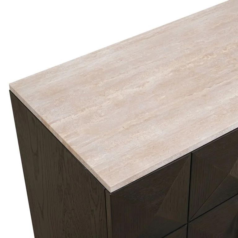 Claremont Dark Wood 4 Door Extra Large Geometric Sideboard with Travertine Top