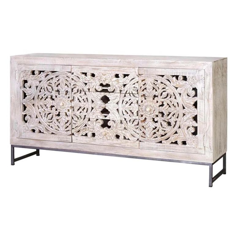 Clearance - Quintana Sideboard - Washed Carved - Mango Wood - 2 Door - Medium - 150cm - A417