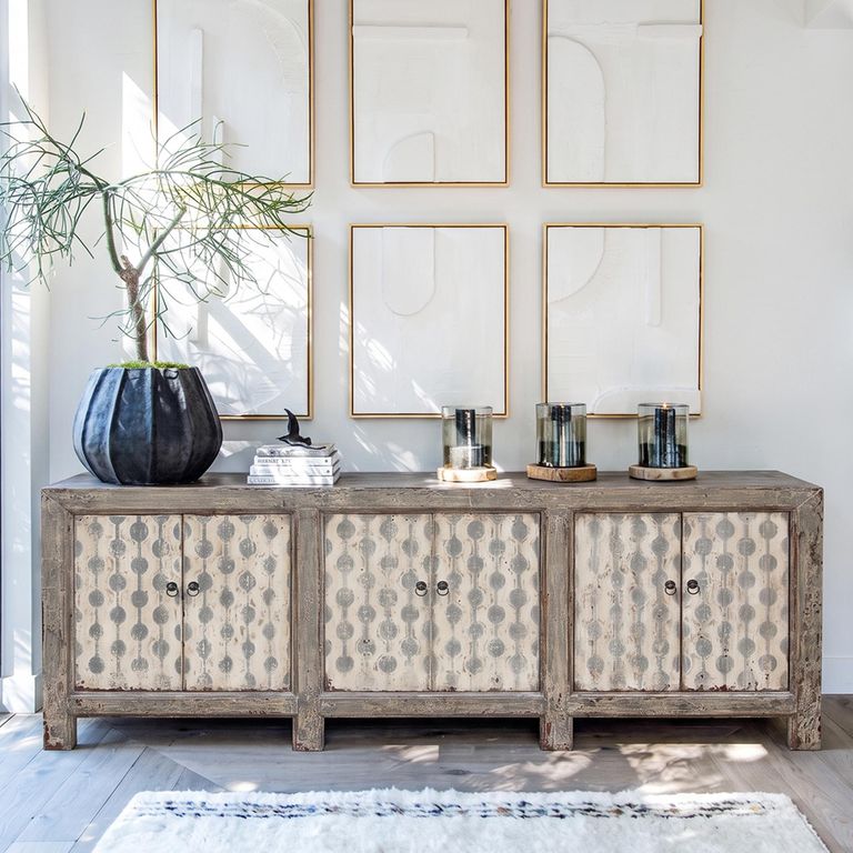 Distressed Sideboard - 6 Door - 227cm - Patterned  - Extra Large - Grey - Lacquered Pine Wood