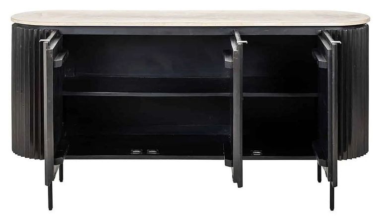 Hampton 3 Door Black Fluted Large Sideboard with Travertine Beige Top