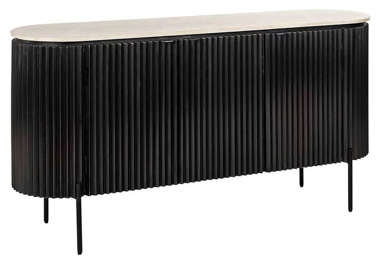 Hampton 3 Door Black Fluted Large Sideboard with Travertine Beige Top