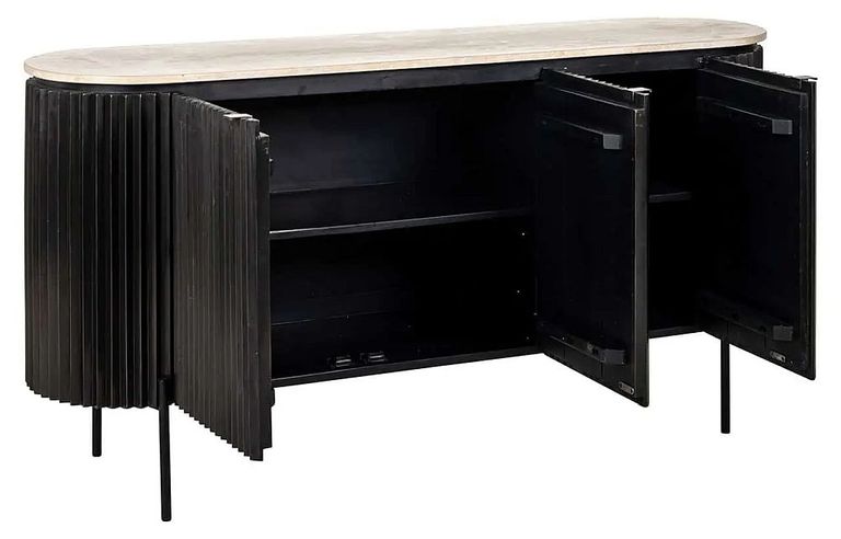 Hampton 3 Door Black Fluted Large Sideboard with Travertine Beige Top