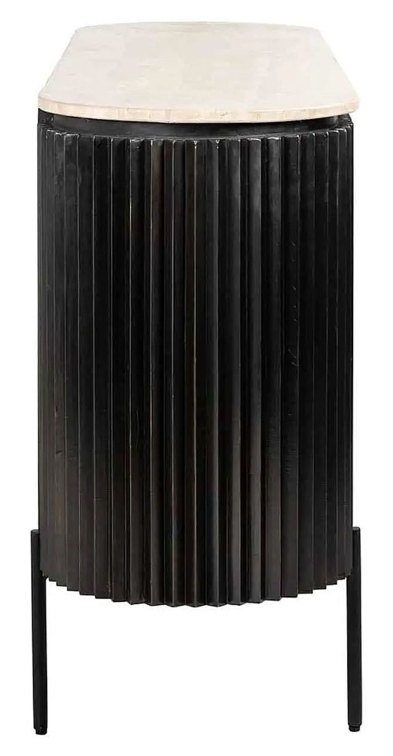 Hampton 3 Door Black Fluted Large Sideboard with Travertine Beige Top