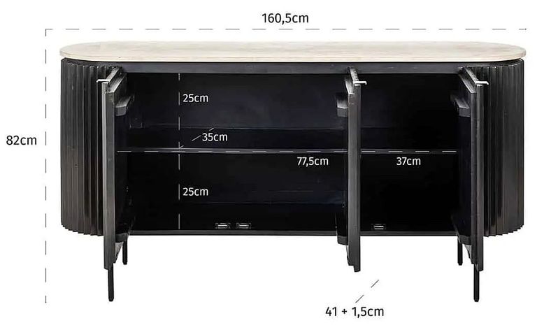 Hampton 3 Door Black Fluted Large Sideboard with Travertine Beige Top