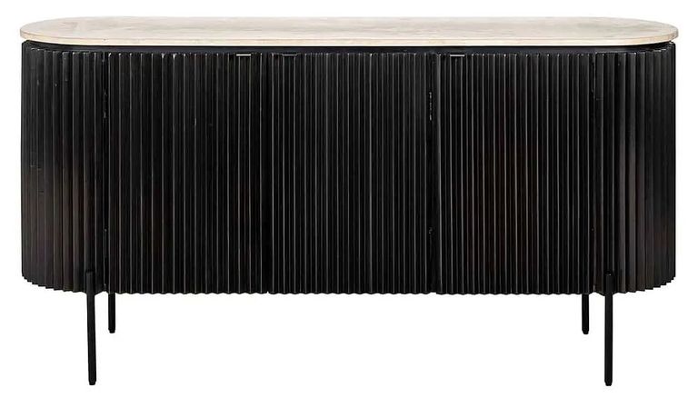 Hampton 3 Door Black Fluted Large Sideboard with Travertine Beige Top