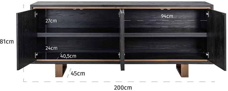 Hunter Black Oak 200cm Extra Large Sideboard with Gold Trim