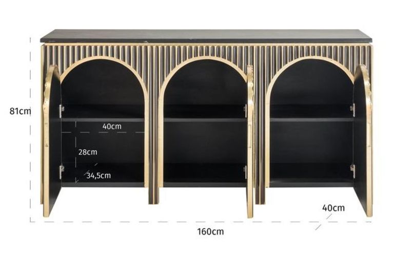 Les Arcs Brushed Gold Ribbed 3 Door Large Sideboard - 160cm