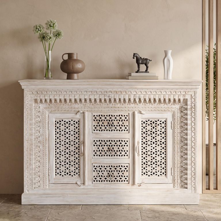 Lomax White Carved Mango Wood 150cm 2 Door Medium Sideboard