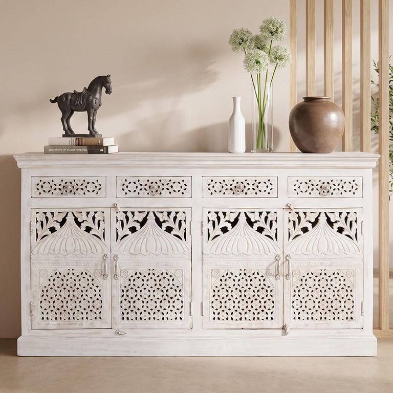 Lomax White Carved Mango Wood 180cm 4 Door Extra Large Sideboard
