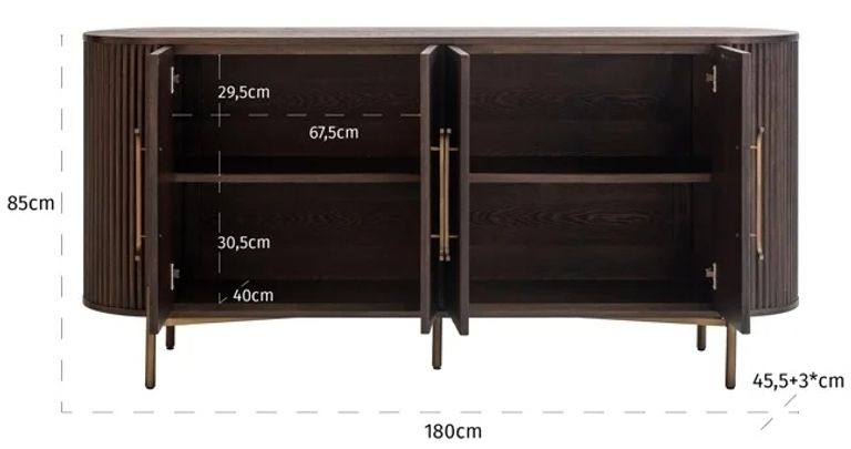 Luxor Brushed Brass Ribbed 4 Door Extra Large Curved Sideboard
